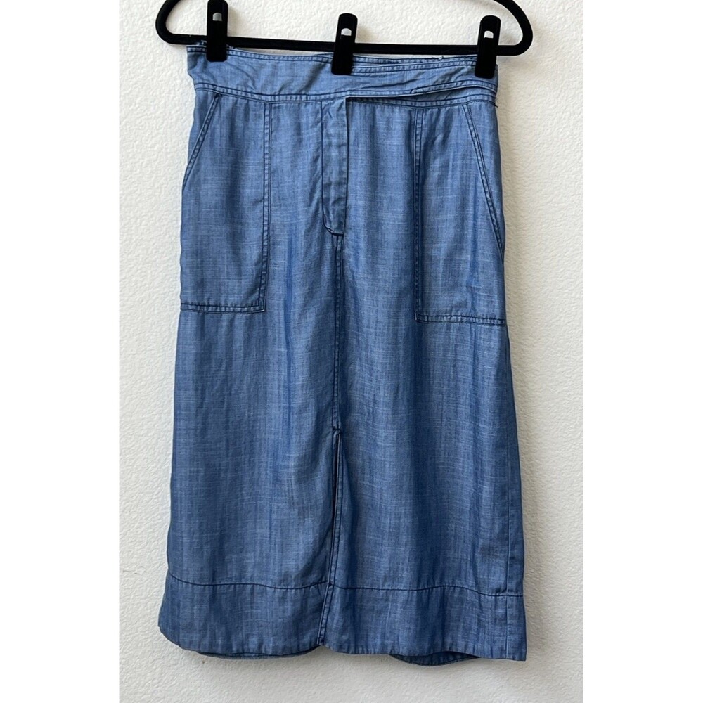 Current Air LA Chambray Midi Skirt Blue Tencel Blend Pockets Size M Wrap Belt